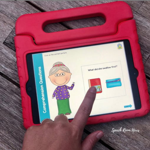 An iPad with a speech therapy activity on the screen. 