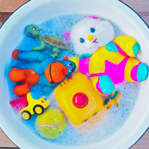 Washing toys can be fun for children and promote their development of language.