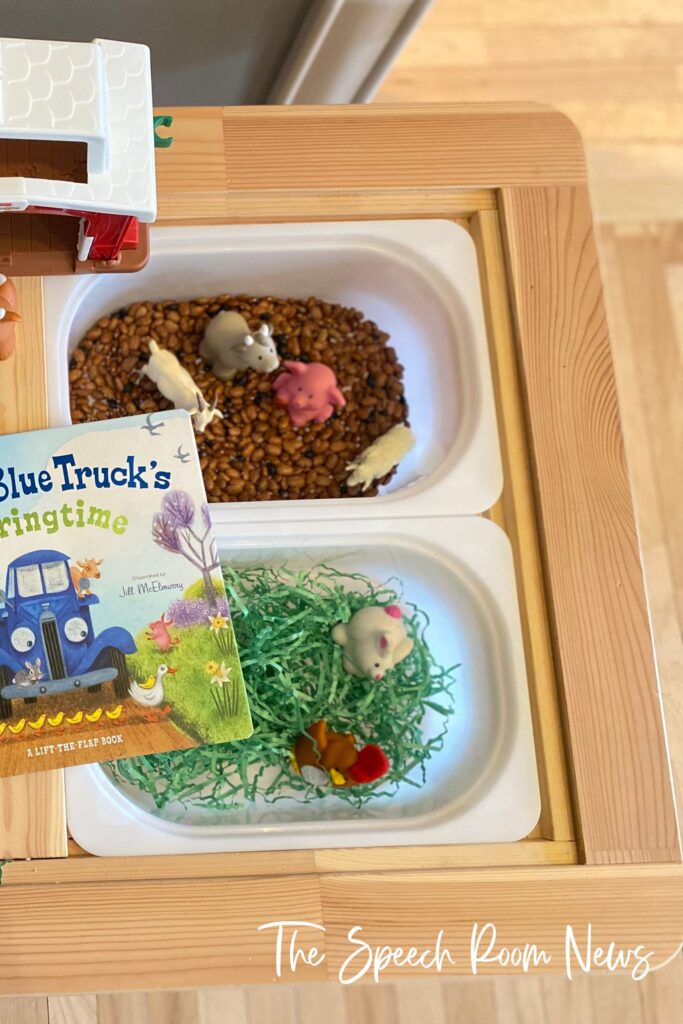 Target following directions, articulation, grammar and expanding  MLU with this speech and language sensory bin for spring