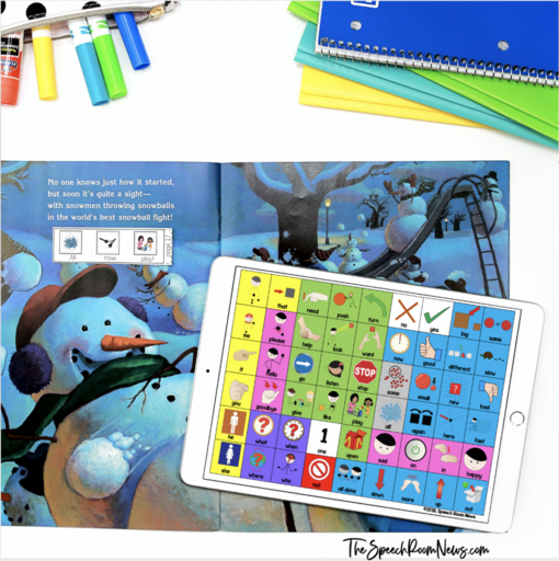 A picture book sits open with a strip of core symbols next to an aac device