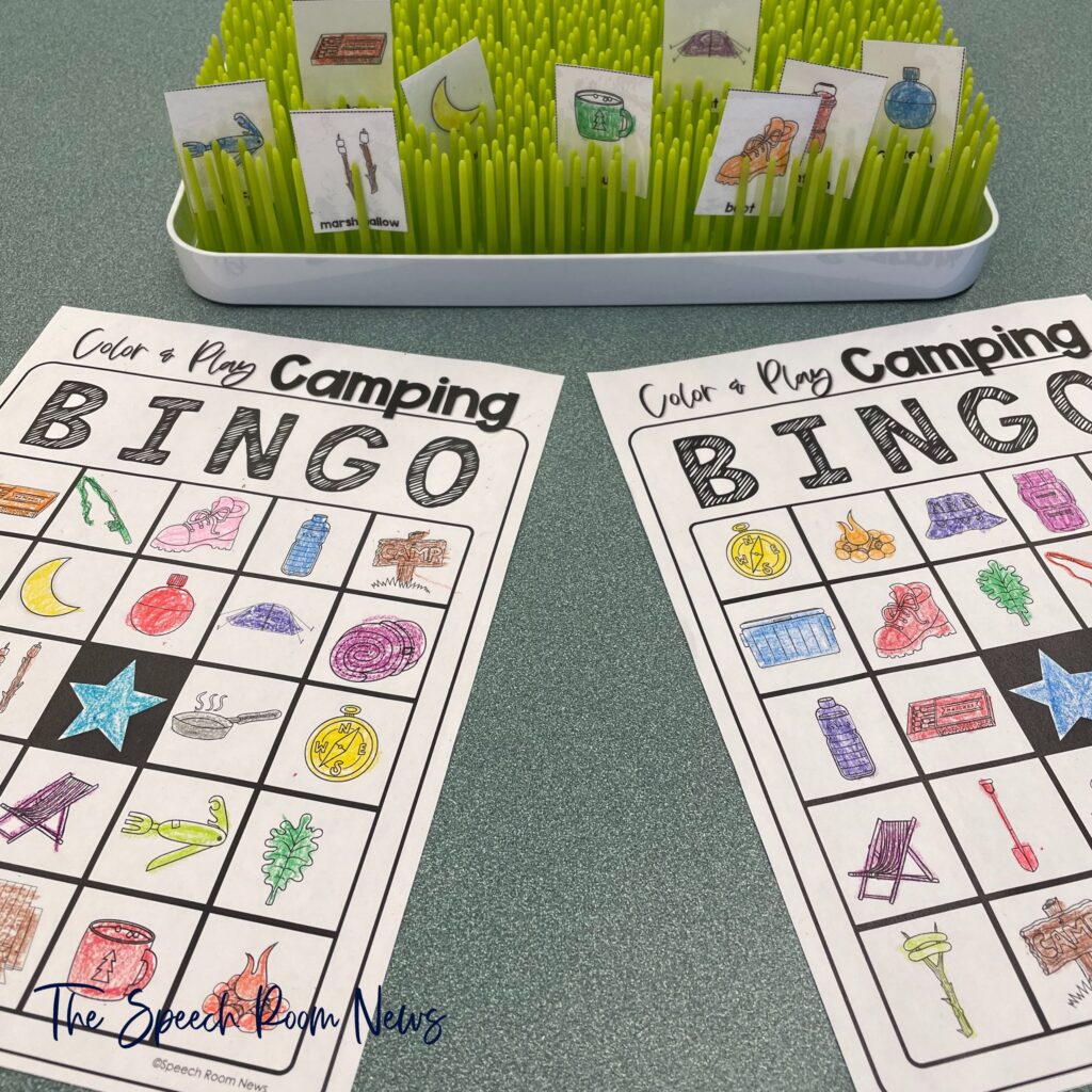 color and play camping bingo for speech and language