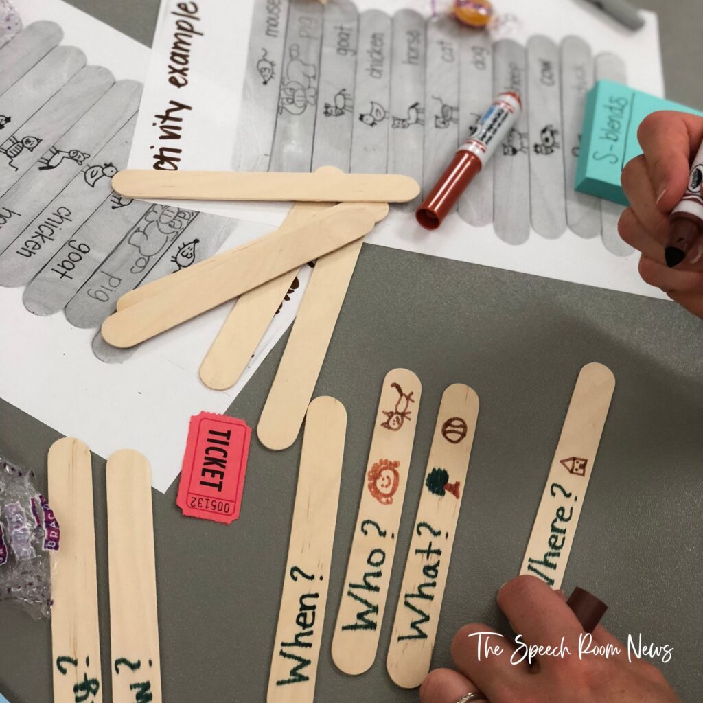 wh question sticks for curriculum night for speech therapy